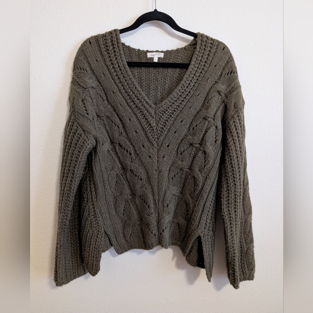 Mystree By Anthropologie, Olive Cable Knit V-Neck Sweater